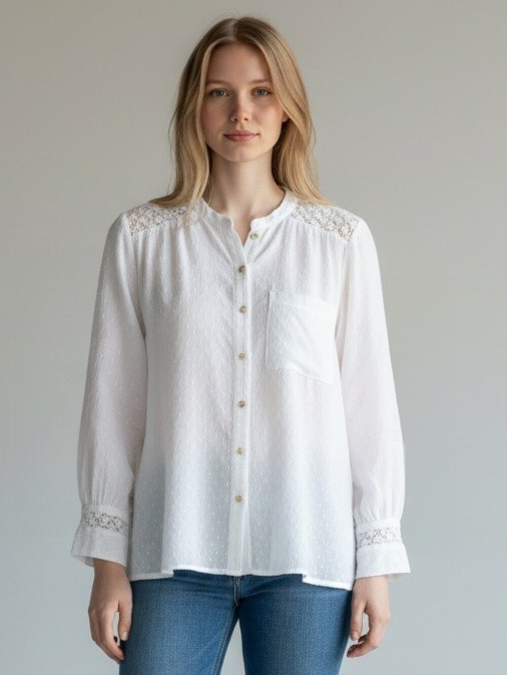 Free People Oversized Viscose/Cotton  Lace Yoke Button Down Blouse in White.